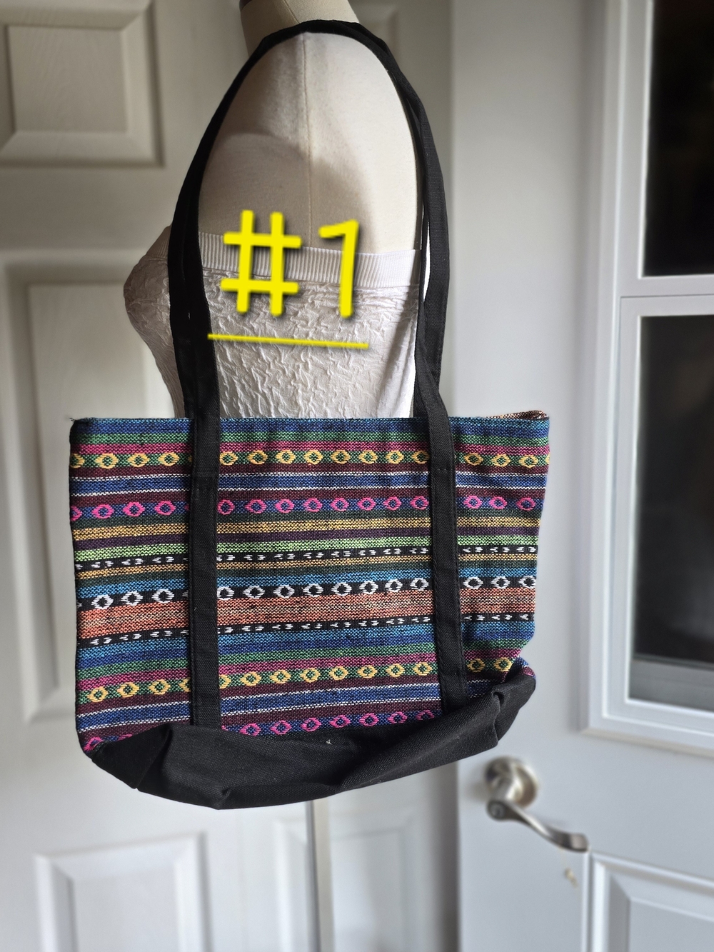 Colorful Striped Woven Tote with Black Trim
